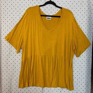 Trendy Flowy V Neck Babydoll Peplum Mustard Yellow Summer Layer Plus Tunic  3X
